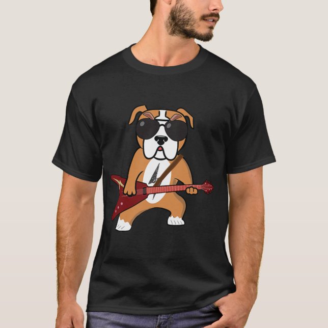 Camiseta Divertido perro Bulldog Rocker toca rock de guitar (Anverso)