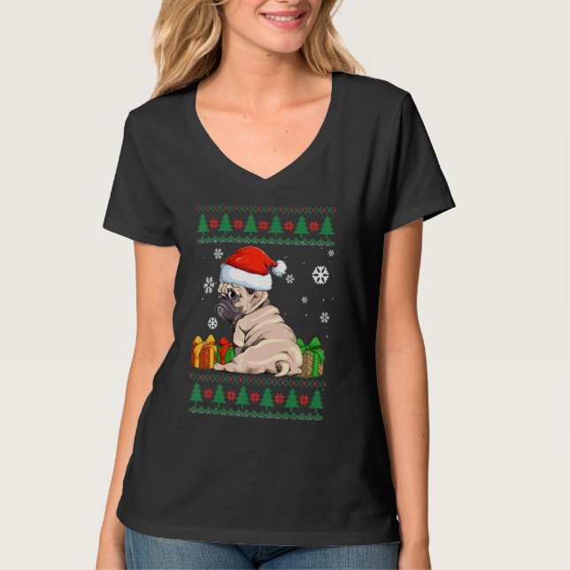 Camiseta Divertido perro Cute Pug Santa Hat Navidades feos  (Anverso)