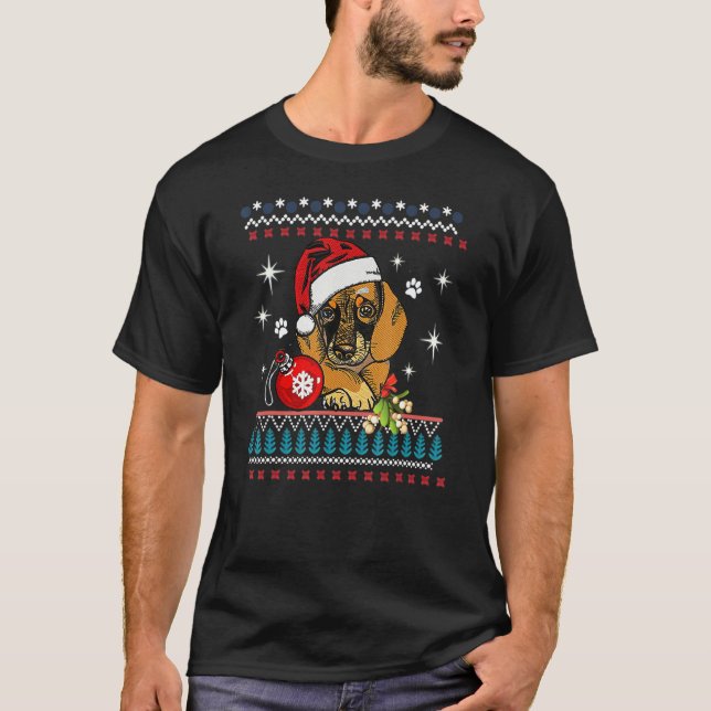Camiseta Divertido perro Dachshund Santa Hat Navidades feos (Anverso)