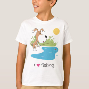 Camiseta divertido perro pescador lago sol niños