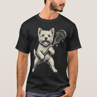 Camiseta Divertido perro Westie jugando lacrosse deportivo 