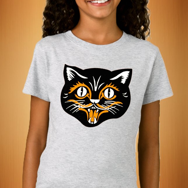 Camiseta Divertido sonriente Halloween Cara de gato negro c (Fun laughing Halloween black cat face with orange and white accents on kids's tee shirt.)