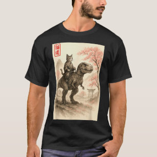 Camiseta Divertido Sumi-e Kawaii Gato Montando Dinosaurio A