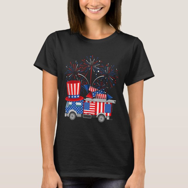 Camiseta Divertido Tío Sam Firetruck Y Fuegos Artificiales  (Anverso)