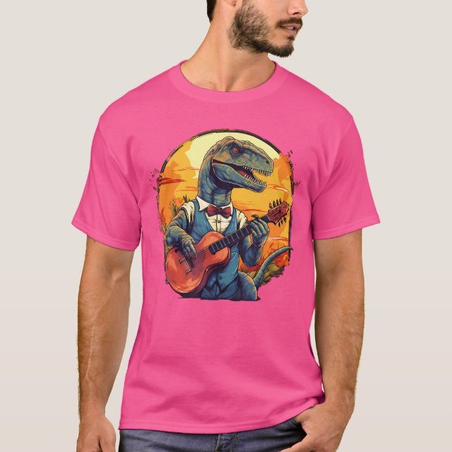 Camiseta Divertido Traje De Rex Con Guitarra Acústica Para  (Anverso)
