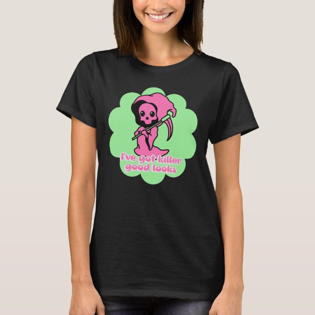 Camiseta Divertido y espeluznante Grim Reaper Rosa y Verde (Anverso)