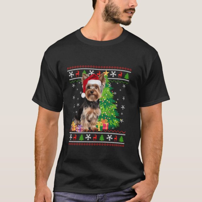 Camiseta Divertido Yorkie Dog Árbol de Navidad Santa Hat Pe (Anverso)