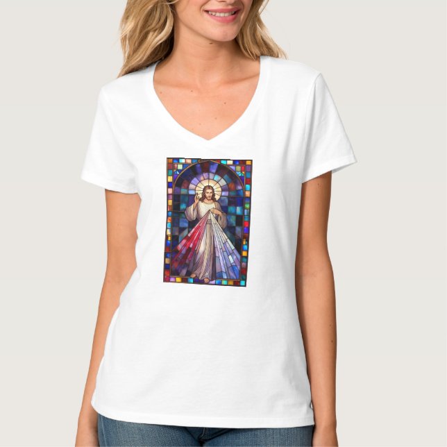 Camiseta Divine Mercy Jesus Women's V-Neck Tee Shirt (Anverso)