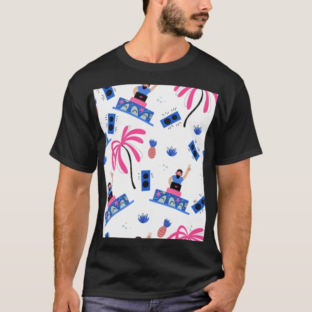 Camiseta Dj alegre, diseño tropical de playa. (Anverso)