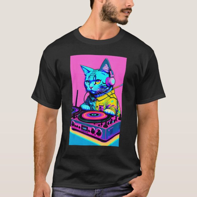 Camiseta DJ Cat Headphones Turntable DJ Mixer Dreamwave Sty (Anverso)