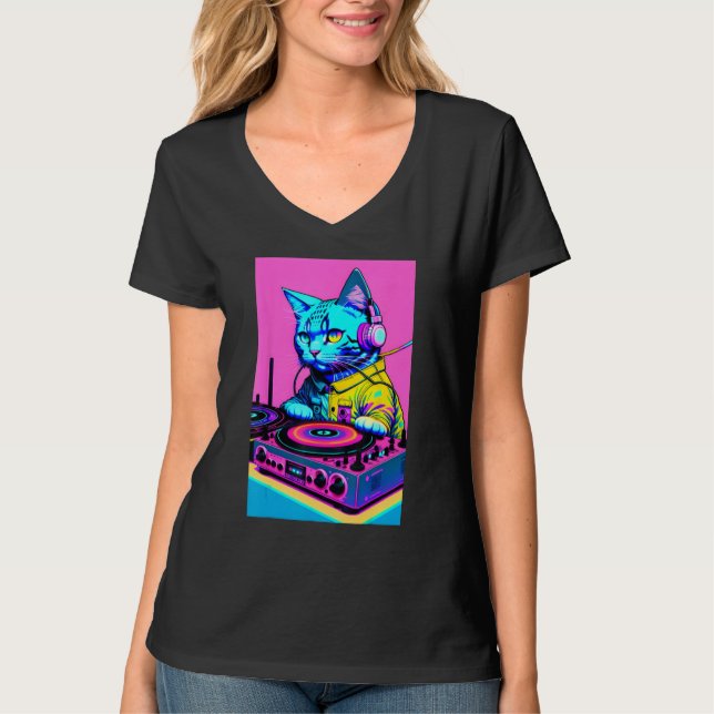 Camiseta DJ Cat Headphones Turntable DJ Mixer Dreamwave Sty (Anverso)
