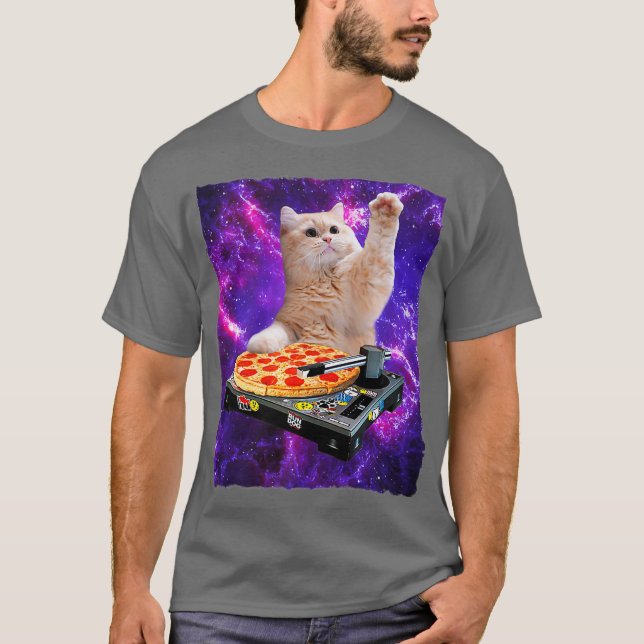 Camiseta DJ Cat Shirt Cat DJ Pizza EDM Music Cute White (Anverso)