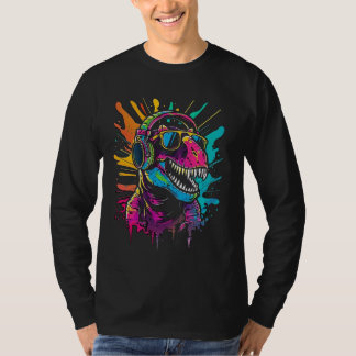 Camiseta DJ de dinosaurio colorido con audífonos y gafas de