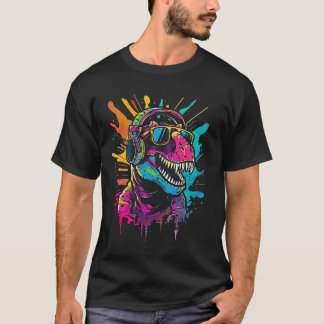 Camiseta DJ de dinosaurio colorido con audífonos y gafas de