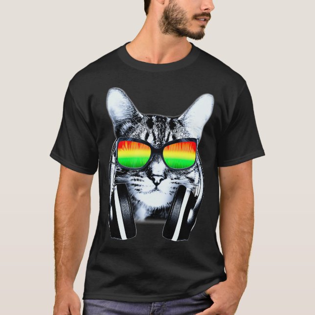 Camiseta DJ De Gato Con Gafas De Sol Y Auriculares Gato De  (Anverso)