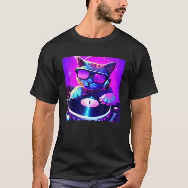 Camiseta DJ De Gato Vaporwave Hombres Estéticos Niños Chica (Anverso)