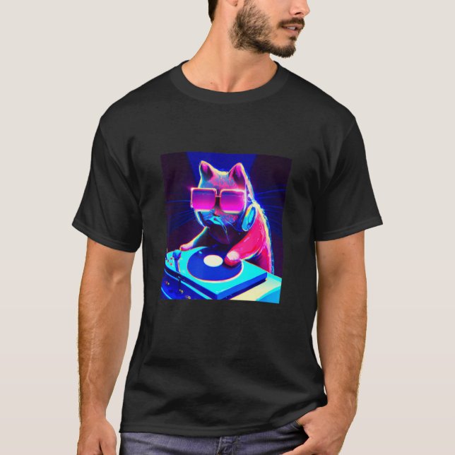 Camiseta DJ De Gato Vaporwave Hombres Estéticos Niños Chica (Anverso)