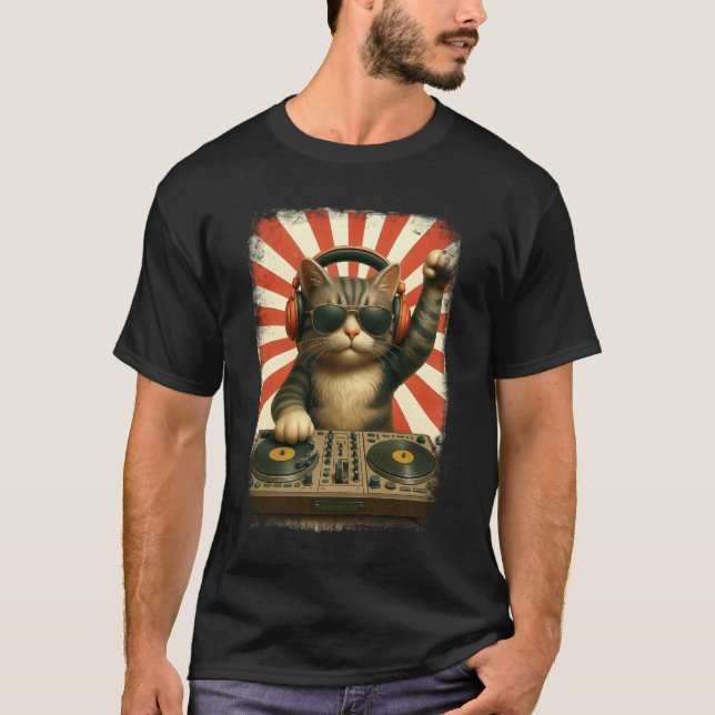 Camiseta DJ de moda Cat Disco Sonido Tech Auricular Electro (Anverso)