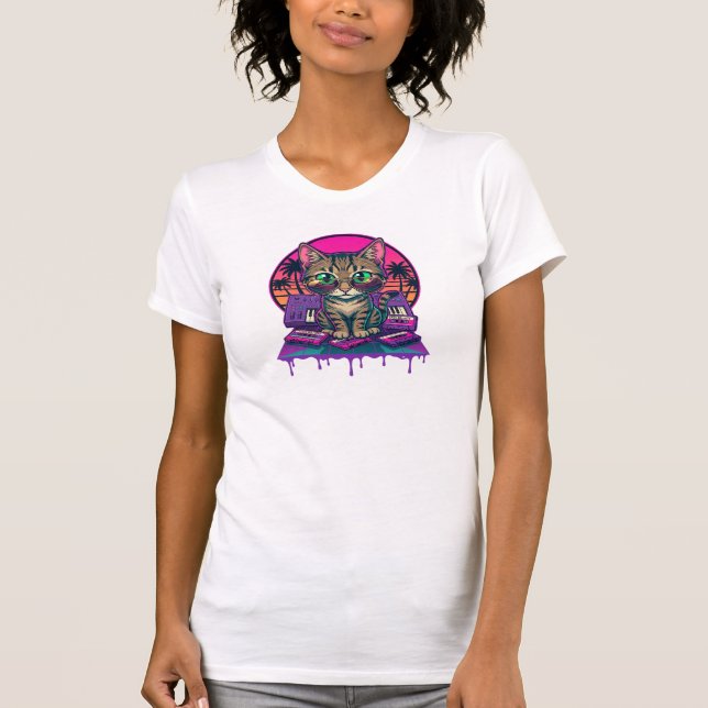 Camiseta DJ de Synthwave Gato (Anverso)
