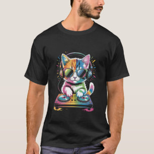 Camiseta DJ Gatito en tornamesas Música Rave Sintetizador E