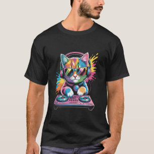 Camiseta DJ Gatito en tornamesas Música Rave Sintetizador E
