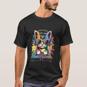 Camiseta DJ Gatito en Tornos de EDM Sintetizador Música Rav