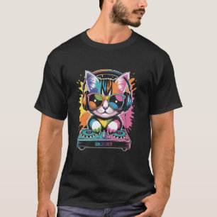Camiseta DJ Gatito en Tornos de EDM Sintetizador Música Rav