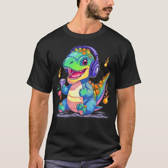 Camiseta DJ Music Dino Headphones Cool Music Producer T-Rex (Anverso)