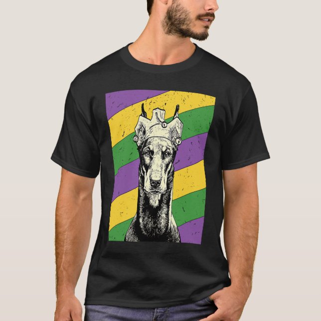 Camiseta Doberman Pinscher Bufón  Perro de Mardi Gras Mamá  (Anverso)