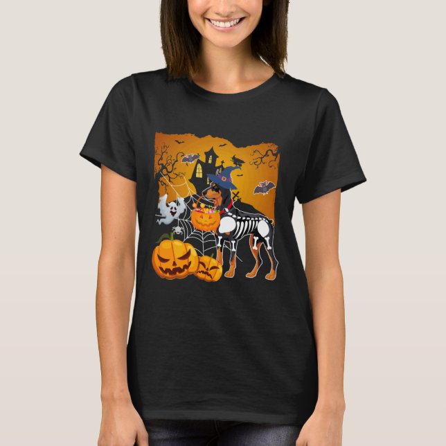 Camiseta Doberman Pinscher Skeleton Halloween Happy Pumpkin (Anverso)
