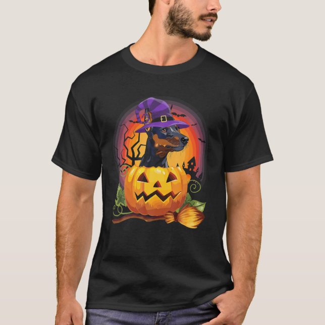 Camiseta Doberman Pinscher Witch Pumpkin Halloween Perro (Anverso)
