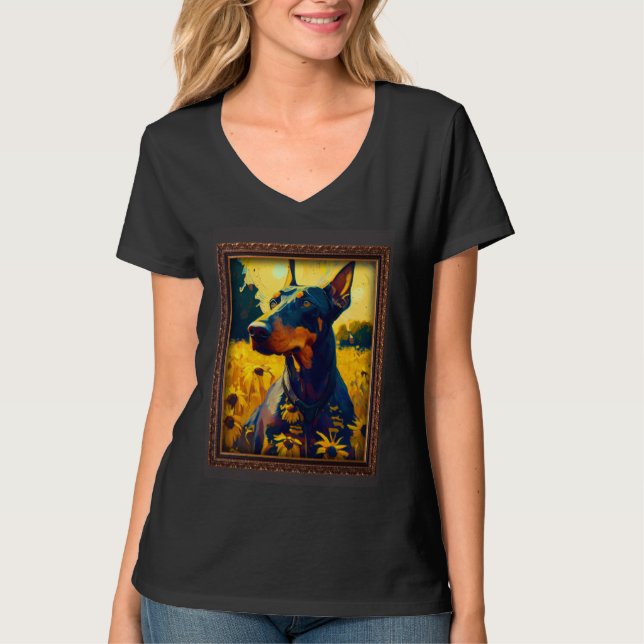 Camiseta Dobermann Painting Sunflower Flower Mom Women Flor (Anverso)