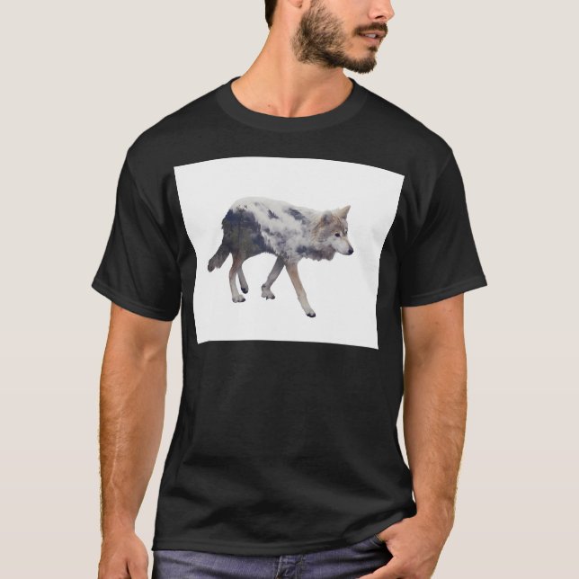 Camiseta Doble Exposición De Bosque De Lobo Y Pino En Blanc (Anverso)