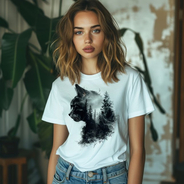 Camiseta Doble exposición de gato y bosque (Subido por el creador)