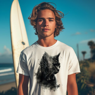 Camiseta Doble exposición de gato y bosque