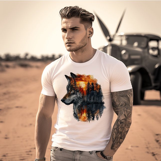 Camiseta Doble exposición del bosque Wolf y Sunset (Subido por el creador)
