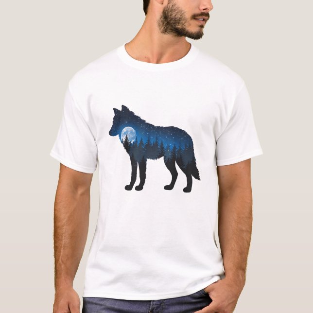 Camiseta Doble exposición Wolf Silhouette Moonlit y Starry (Anverso)