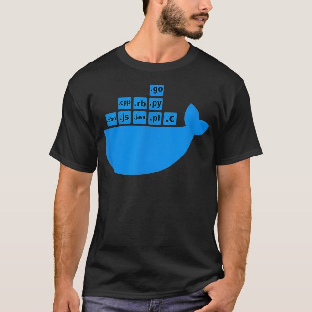 Camiseta Docker Js C Golang Ruby Python Hackathon Tech (Anverso)