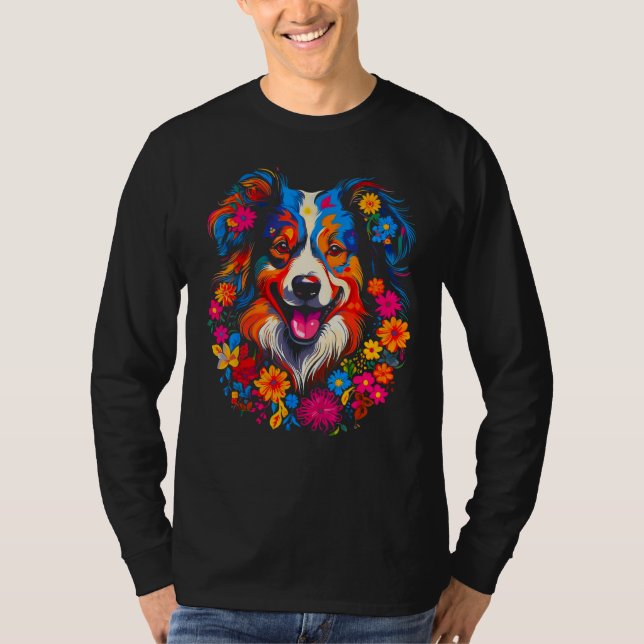 Camiseta Dog Australian Shepherd Love Peace Flowers (Anverso)
