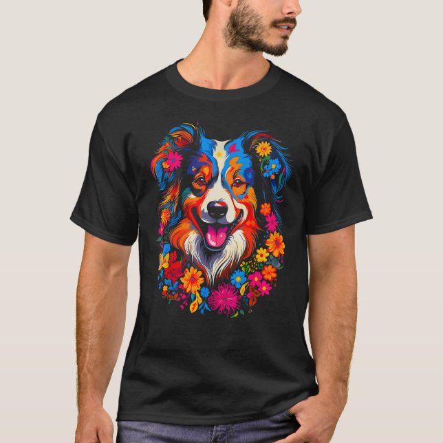 Camiseta Dog Australian Shepherd Love Peace Flowers (Anverso)