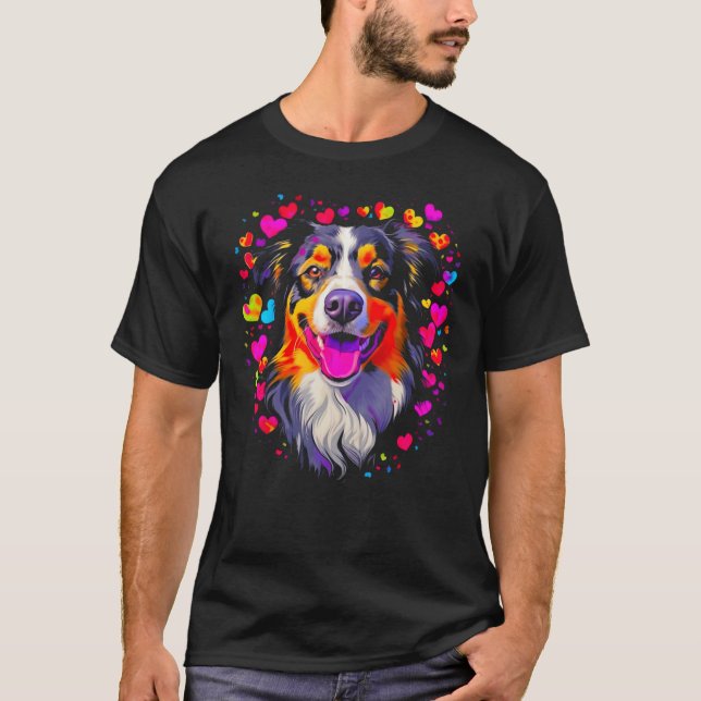 Camiseta Dog Australian Shepherd Pink Red Hearts (Anverso)
