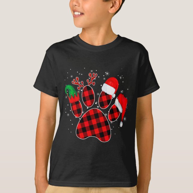 Camiseta Dog Paws Christmas Buffalo Plaid Paw Santa Elf Rei (Anverso)