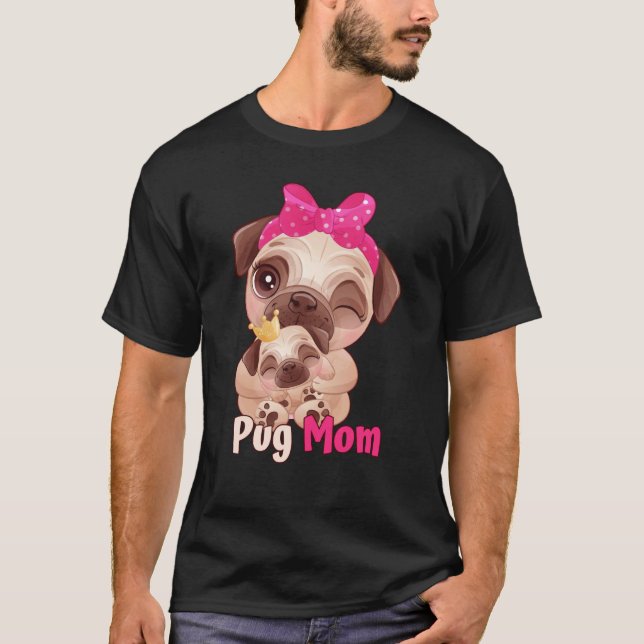 Camiseta Dog  Pink Bow Cute Pug Mom (Anverso)