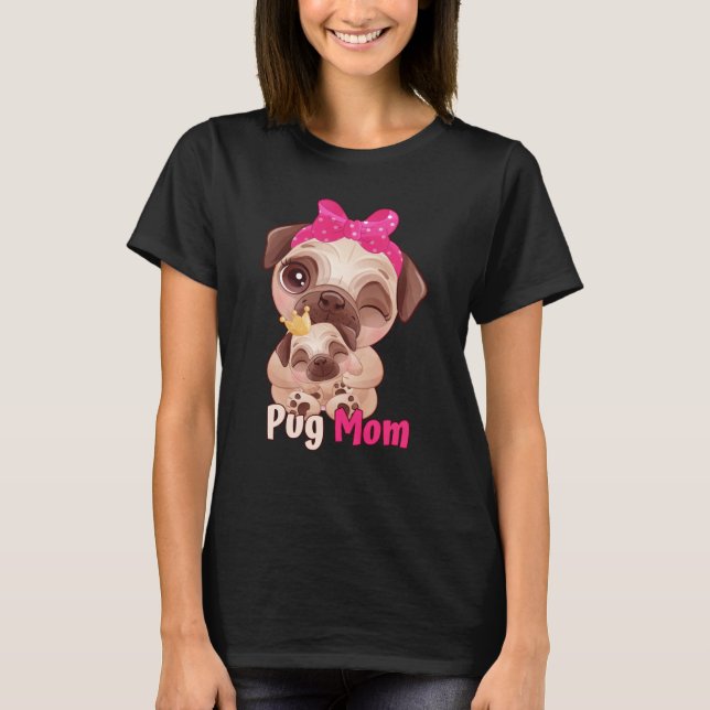 Camiseta Dog  Pink Bow Cute Pug Mom (Anverso)
