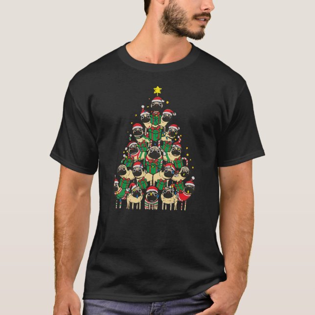 Camiseta Dog Pugs Christmas Tree Cute Xmas Boys Girls Kids  (Anverso)