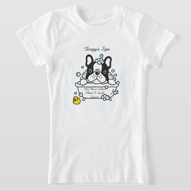 Camiseta Doggie Spa (A cartoon illustration features a black and white dog!)