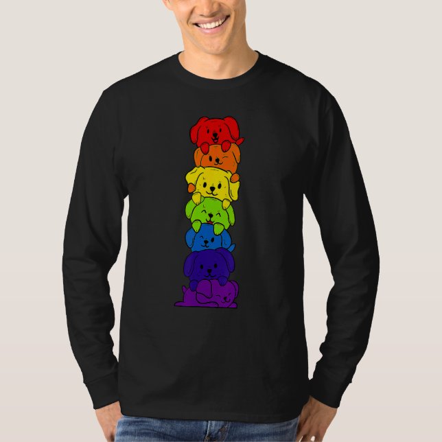 Camiseta Dogs Stack Rainbow LGBT Gay Les Trans Pride Pet (Anverso)