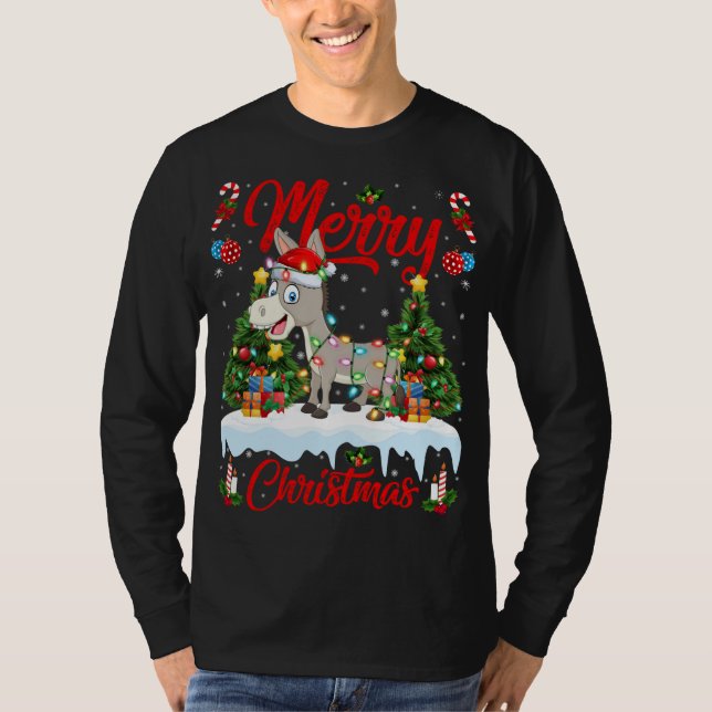 Camiseta Donkey enciende Navidad Árbol de Navidad Gracioso  (Anverso)