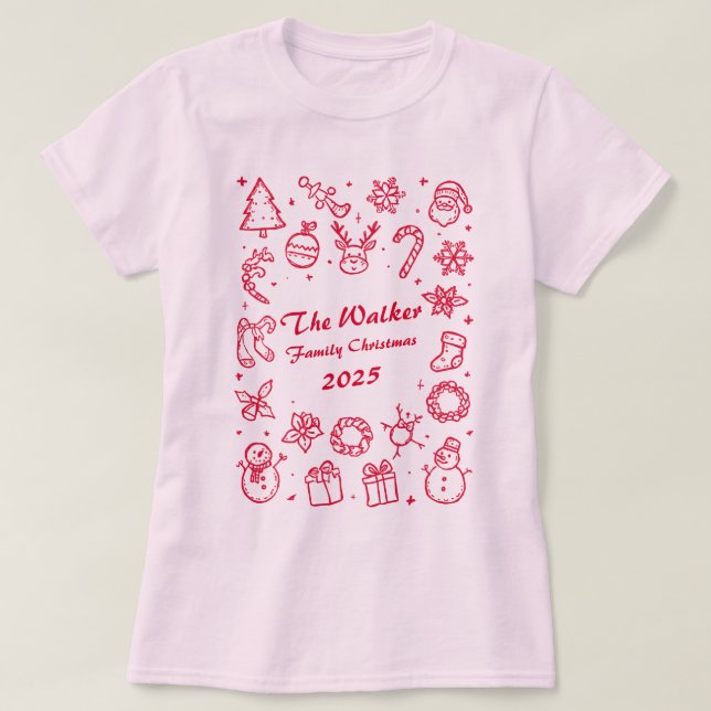 Camiseta Doodle de Navidad dibujado a mano del año familiar (Diseño del anverso)
