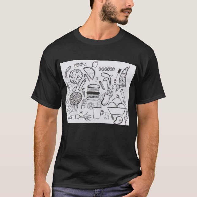 Camiseta Doodle de rock #7 comida en negro (Anverso)